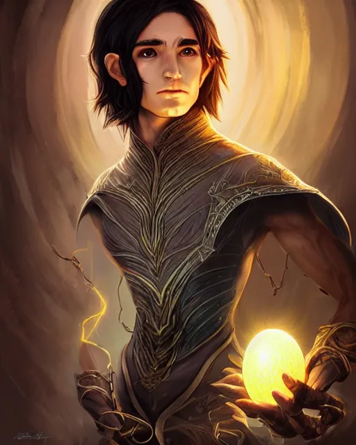 Image similar to portrait of elven boy mage with long black hair holding dragon egg by artgerm modern fantasy 4 k ultra high resolution