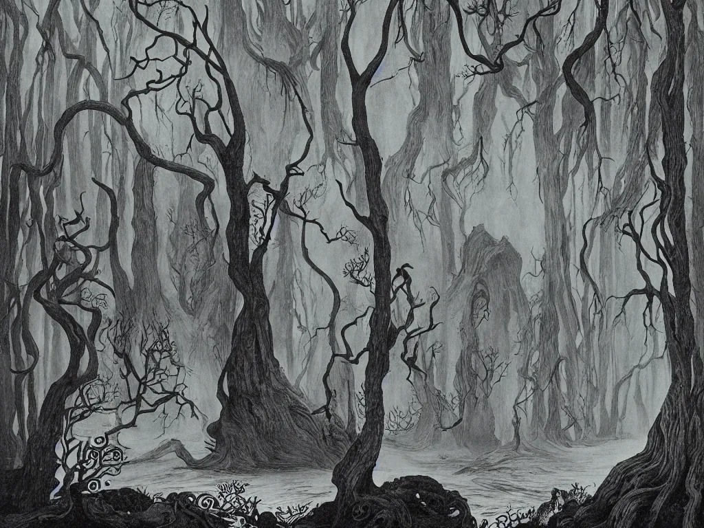 Image similar to ancient forest, artstation, by aubrey beardsley, by caspar david friedrich, by laurie lipton, by kay nielsen, by ivan shishkin, calligraphy, divine, spiritual, paradox, mysterious!, atmospheric, surreal, terrifying, witchcraft!, hope, mountains! background