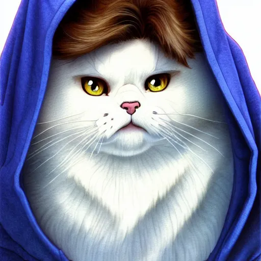 Prompt: teen boy with brown hair and big blue eyes, wearing a hoodie, fluffy white persian cat, natural lighting, path traced, highly detailed, high quality, cartoon, digital painting, by don bluth and ross tran and studio ghibli and alphonse mucha, watercolor