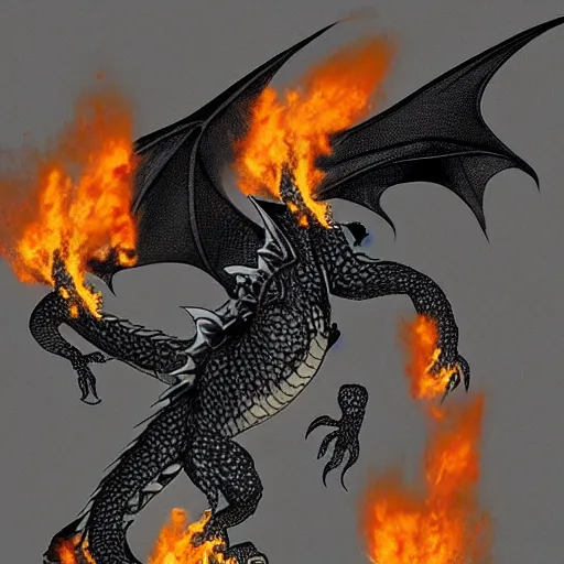 Prompt: “ a large black-scaled dragon flying and breathing fire downward”