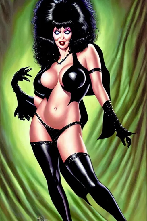 Image similar to a ( beautiful masterpiece highly detailed ) full body portrait illustration of intimate alluring elvira! mistress of the dark by ralph horsely and artgerm and joe jusko, raven black, pearlescent white