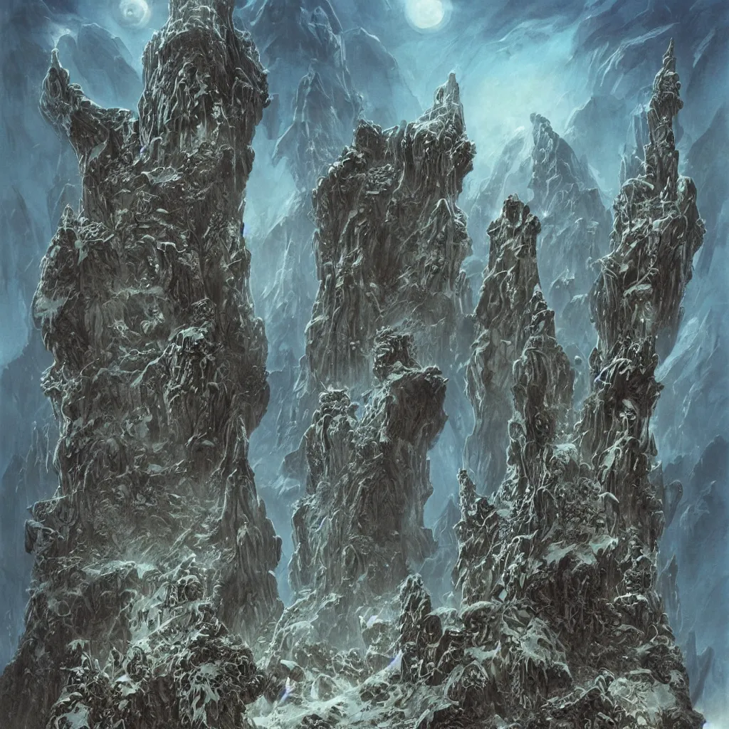 Image similar to the lovecraftian stonepunk city of cyclopean towers and stone cephalopod castles in the mountains of antarctica, upward cinematic angle, by p. craig russell, rodney matthews, frank frazetta and michael kaluta, fantasy art, psychedelic atmosphere, heavy winter aesthetics, stunning composition, alien faces, monstrous animal statues, intricate, strange, elegant, digital art, hyperdetailed, colorful hyperrealism, brilliant photorealism, horror, masterpiece, 8k