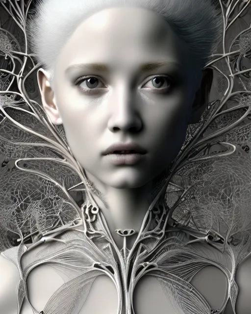 Image similar to bw 3 d render, stunning beautiful young angelic cute biomechanical albino female cyborg with a porcelain profile face, rim light, big leaves and stems, roots, fine foliage lace, alexander mcqueen, art nouveau fashion embroidered, steampunk, silver filigree details, hexagonal mesh wire, mandelbrot fractal, elegant, artstation trending