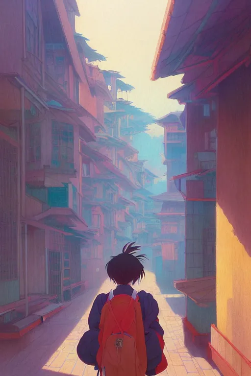 Prompt: a colorful portrait of a student rear view, morning, by studio ghibli painting, superior quality, masterpiece, traditional Japanese colors, by Grzegorz Rutkowski, concept art