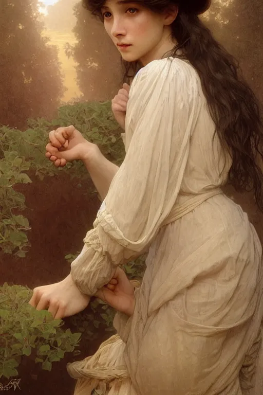 Image similar to Portrait of beautiful pale peasant girl, cinematic lighting, intricate, elegant, highly detailed, digital painting, artstation, smooth, sharp focus, illustration, art by artgerm and greg rutkowski and alphonse mucha and Wayne Barlowe and william-adolphe bouguereau