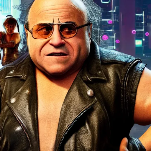 Prompt: Danny devito as character in cyberpunk 2077