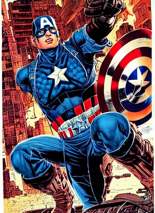 Image similar to captain america as a cyberpunk mercenary. portrait by clyde caldwell and jean giraud and anton otto fischer and john philip falter and will eisner and gil elvgren