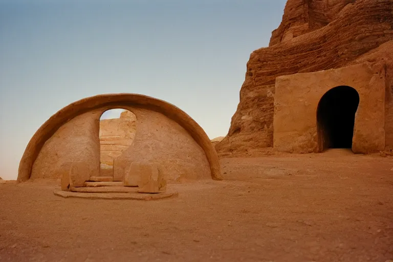 Prompt: film still of monumental non euclidian classical temple with deep spiral tunnel in the desert, by Étienne-Louis Boullée cinestill 800t 35mm full-HD