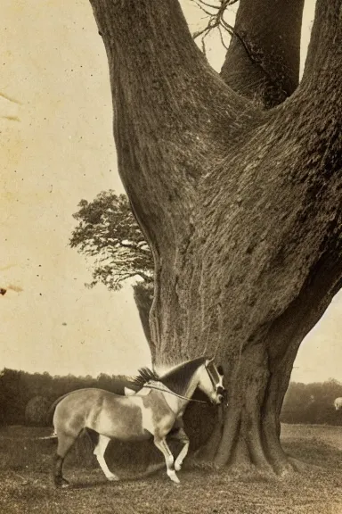 Image similar to a photo from the 1800s of 2 horses inside a tree