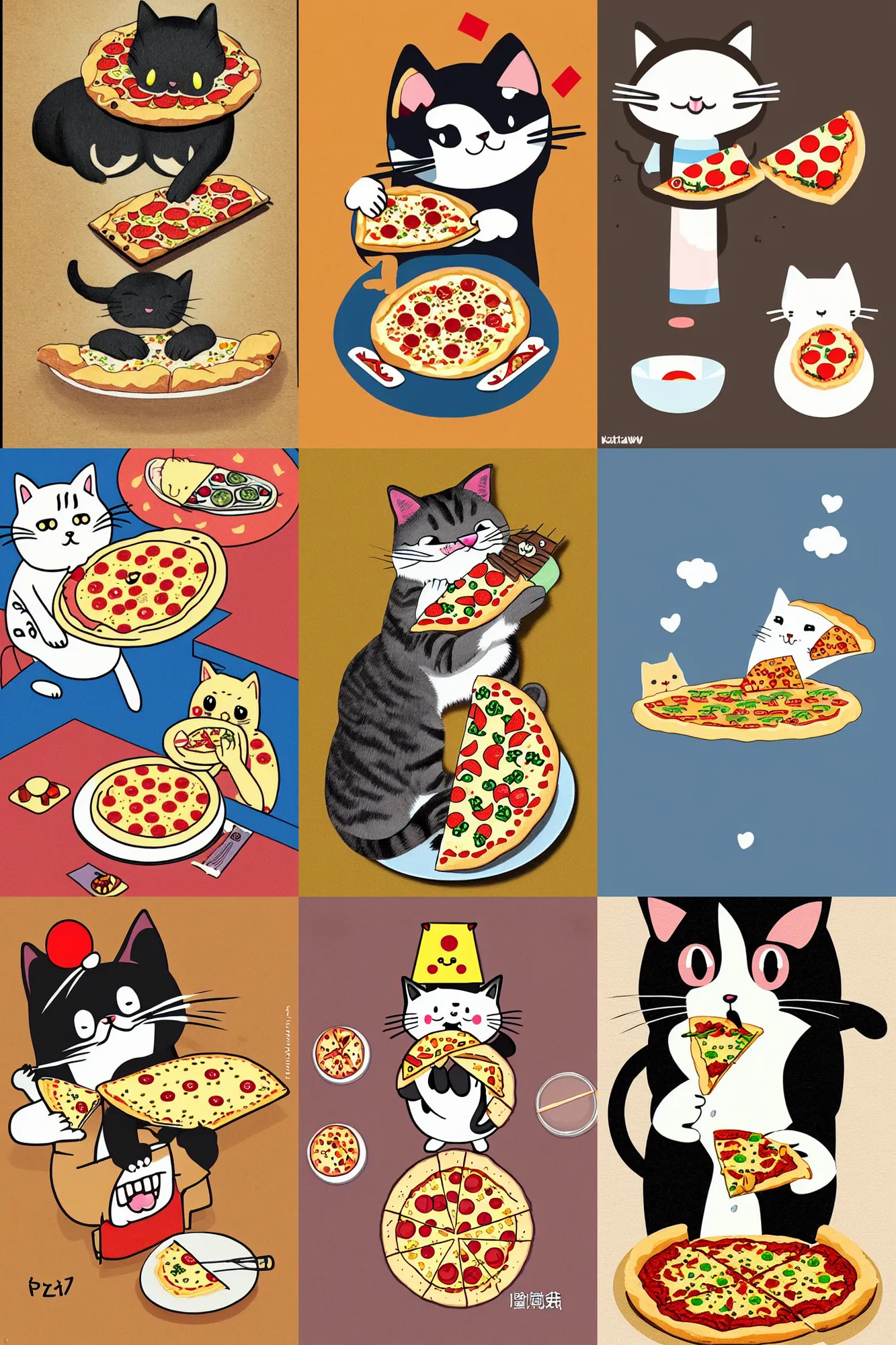 Prompt: Kawaii illustration of a cat eating pizza, japanese cute