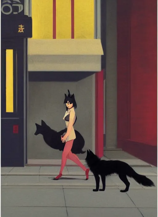 Image similar to woman with cat ears riding a black wolf on the night street of Tokyo by Edward Hopper and James Gilleard, highly detailed