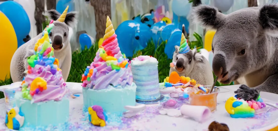 Image similar to a medium shot of a unicorn and koala enjoying ice cream cones at a birthday party for penguins, highly detailed, Pixar movie, anamorphic lens