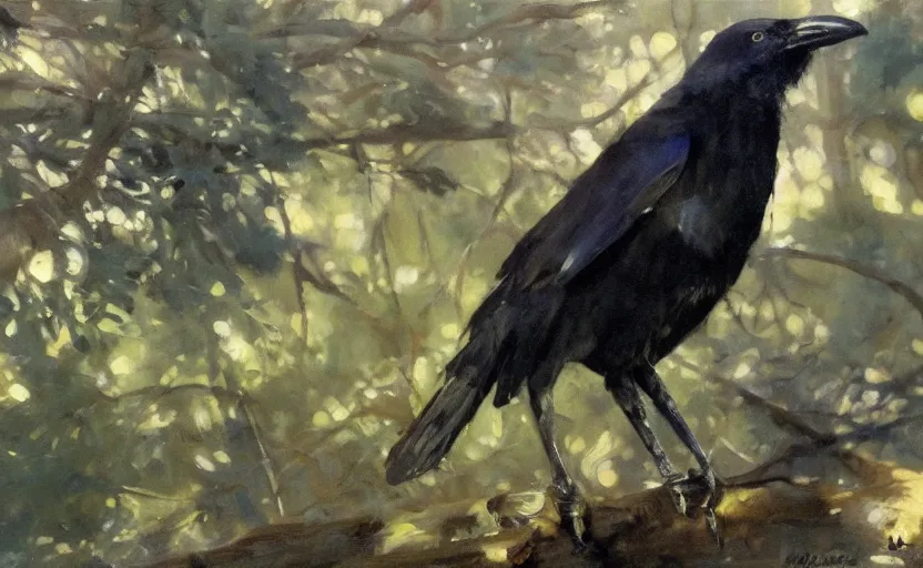 Image similar to oil painting by anders zorn, closeup crow in forest, very very very very beautiful art, dramatic light, strong shadows, shiny blue black feathers