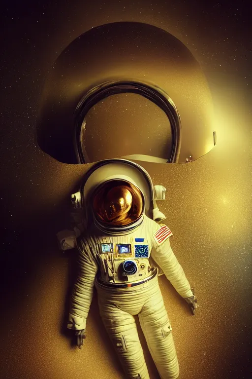 Image similar to extremely detailed studio portrait of space astronaut, helmet off, helmet on lap, full body, soft light, golden glow, award winning photo by michal karcz and yoshitaka amano