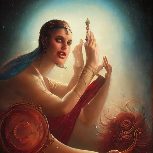 Prompt: portrait of a magical levantine genie, art by tom bagshaw and manuel sanjulian