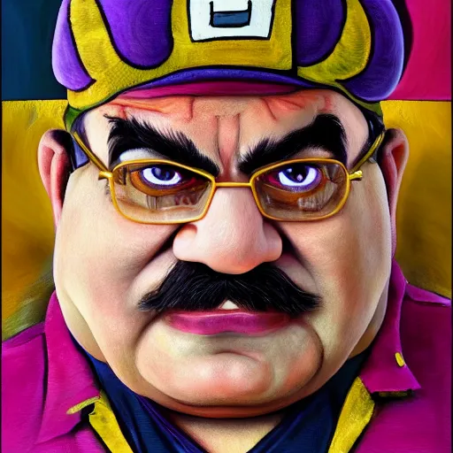 Image similar to wario from the mario series oil painted self - portrait ( greatly painted, beautifully painted by a renowned artist, greatly detailed. good quality painting, uhd, 4 k )