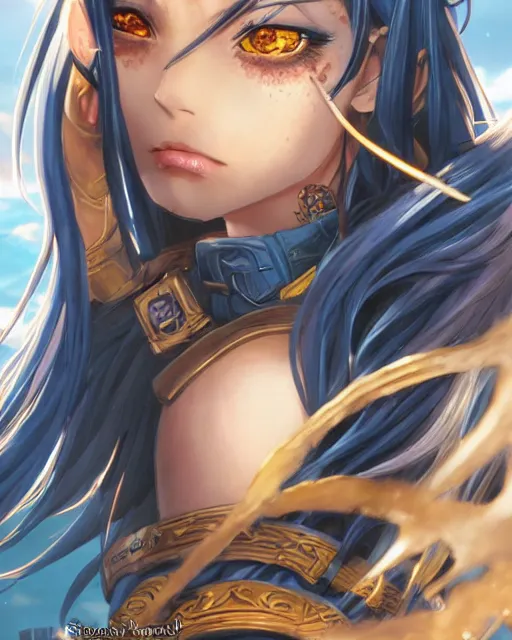 Image similar to An anime portrait of a beautiful D&D half-orc female with long wavy dark blue hair, bright orange eyes, intricate full body armour, fantasy soldier, by Stanley Artgerm Lau, WLOP, Rossdraws, James Jean, Andrei Riabovitchev, Marc Simonetti, and Sakimichan, highly detailed, ultra detailed, golden hour, trending on artstation, cgstudio