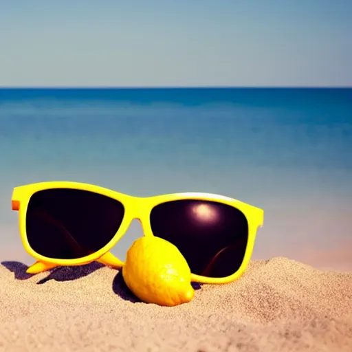 Prompt: a (lemon) wearing sunglasses relaxing on the beach