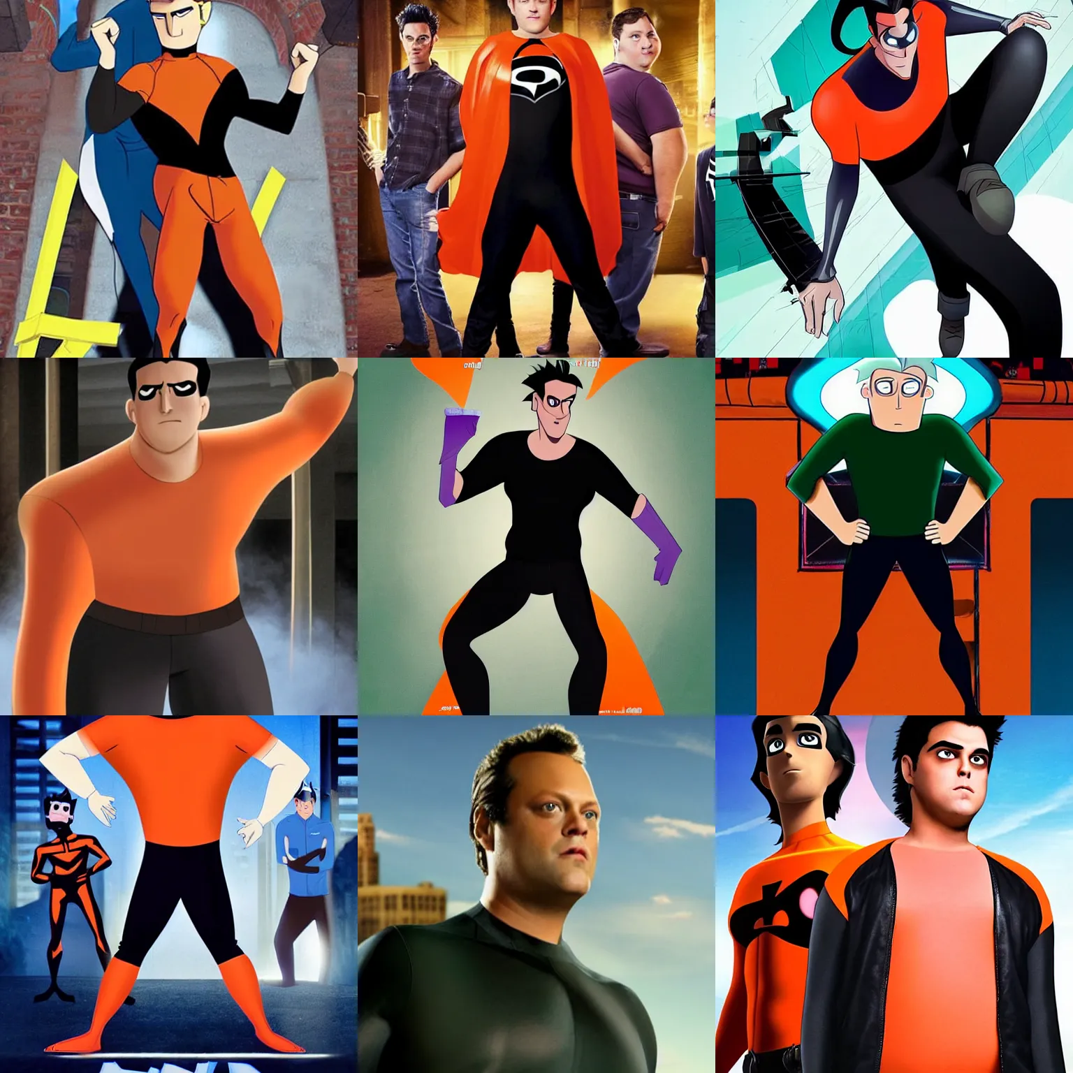 Prompt: a cinematic poster of vince vaughn as supporting character jack fenton from the live - action netflix superhero series'danny phantom'; fat ; loose - fitting orange bodysuit with black neck ; digital photograph