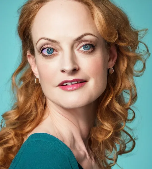 Image similar to beautiful portrait photo of Heather Graham, slight smile, 85mm, teal studio backdrop