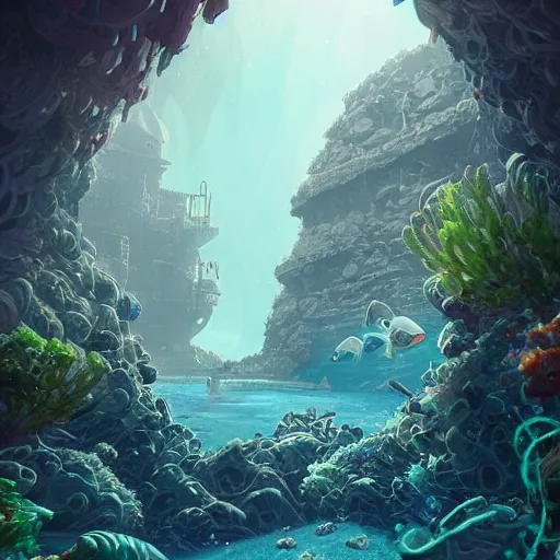 Prompt: Astronauts and some mythical animals are under the sea, they are swimming away from the giant kraken, the kraken is behind chasing them, this is an extravagant planet with wacky wildlife, the background is full of ancient ruins, the ambient is dark with a terrifying atmosphere, by Jordan Grimmer digital art, trending on Artstation,