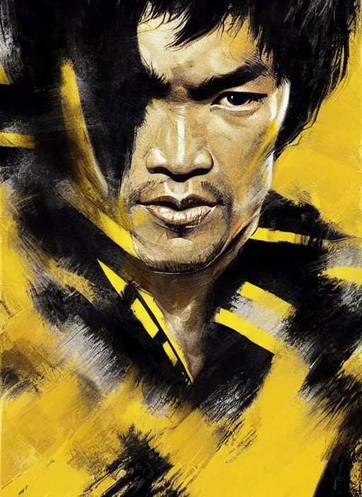 Prompt: bruce lee as a yellow and black stripes luxurious power ranger by greg rutkowski, claude monet, conrad roset, takato yomamoto, rule of thirds, sigma look, beautiful