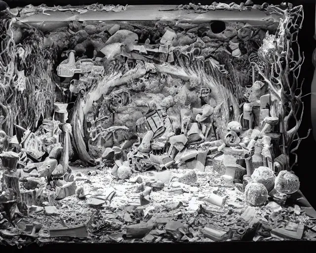 Prompt: paper mache diorama of a stage at a club, dim lights, debris, centered, by Terry Richardson, 8k, concert documentary, b&w photography, cinematography by Chris Cunningham, set design by Antonin Gaudí