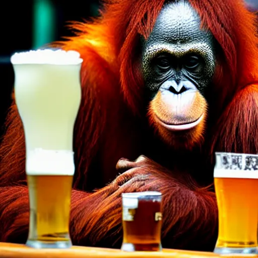 Image similar to orangutan at a pub with a pint of beer in his hand, highly detailed, realistic, beautiful composition, sharp focus, sharp focus