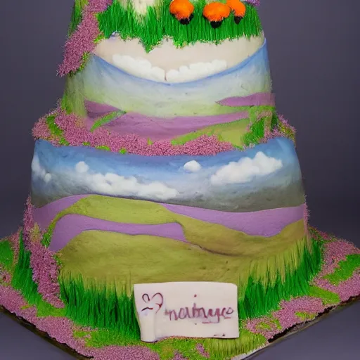 Prompt: A prairie landscape made entirely of cake and frosting, still life