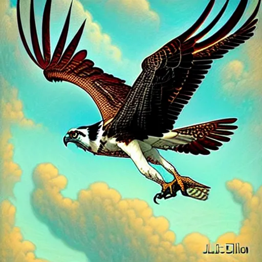 Prompt: An osprey in flight by Julie Dillon. Art nouveau.