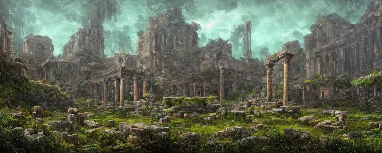 Image similar to ” landscape with overgrown ruins of a roman temple, [ by paul lehr, cinematic, detailed, epic, widescreen, opening, establishing, mattepainting, photorealistic, realistic textures, octane render ] ”