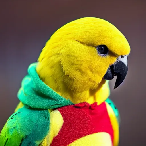 Image similar to a parakeet wearing a Winnie the Pooh hoodie, photo