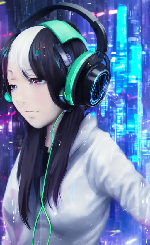 Prompt: anime girl wearing headphones, cyberpunk environment, 8k, high detail,