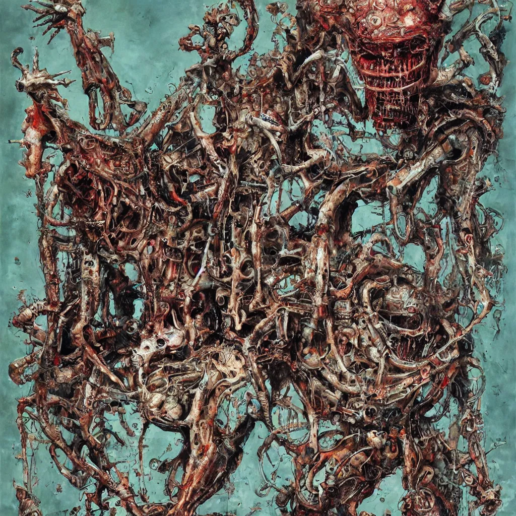 Image similar to Moloch full body shot, hyper-realistic oil painting, Body horror, biopunk, by Ralph Steadman, Francis Bacon, Hunter S Thompson