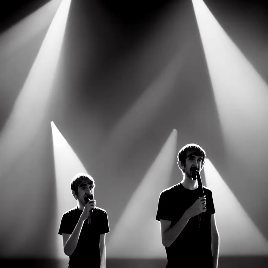 Prompt: bo burnham with beard holding a microphone in a black room ( small spotlights all over the background )