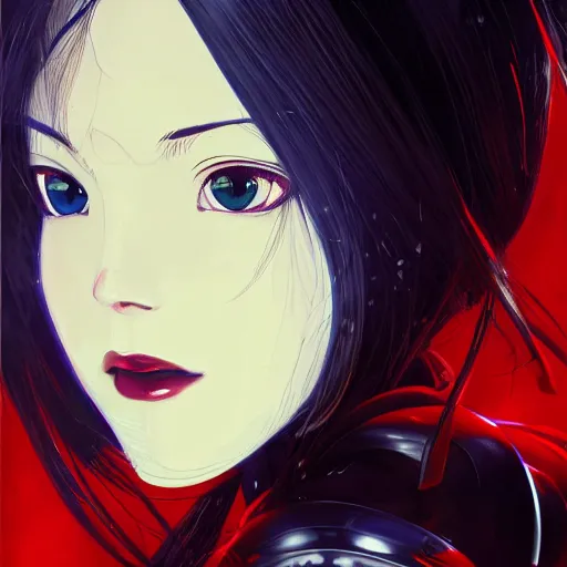 Image similar to A beautiful cyborg woman with big and cute eyes || VERY ANIME, fine-face, red and black robotic parts, realistic shaded perfect face, fine details. Anime. realistic shaded lighting poster by Ilya Kuvshinov katsuhiro otomo ghost-in-the-shell, magali villeneuve, artgerm, Jeremy Lipkin and Michael Garmash, Rob Rey and Kentarõ Miura style, trending on art station