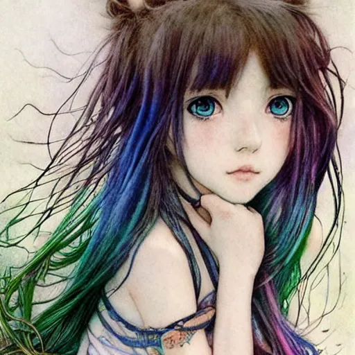 Image similar to Cute young girl in anime style with rainbow hair in the style of Arthur Rackham, pixiv, pinterest anime, art by Steve Hanks, art by Alyssa Monks, endless summer art, realistic, wide focus, 8k ultra, insanely detailed, intricate, elegant, art by Laurie Lipton, digital art by James Clyne, art by Steve Hanks