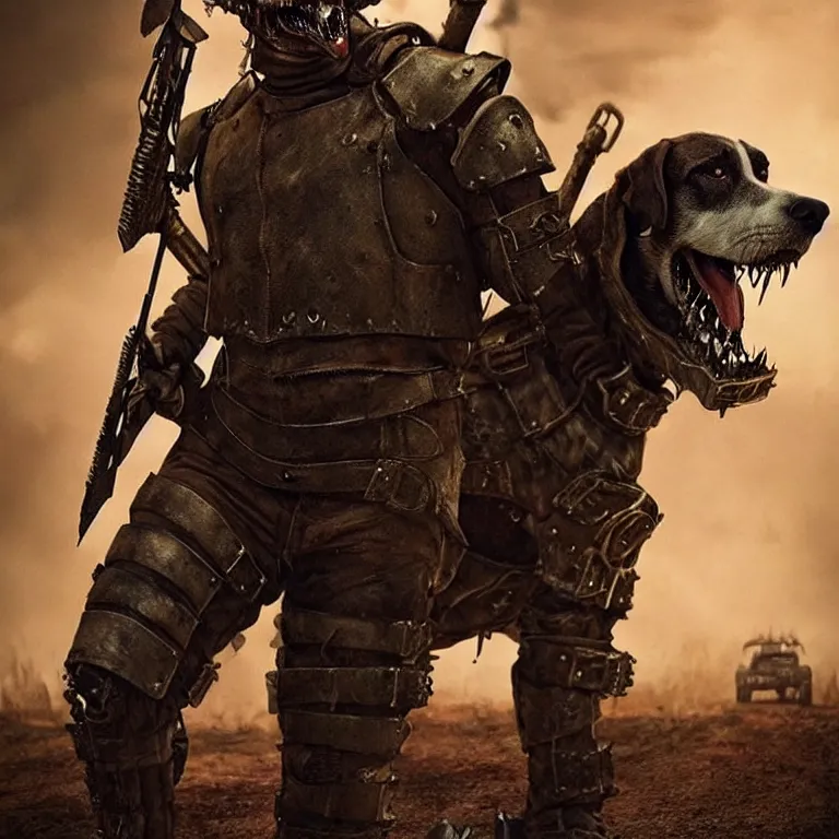 Image similar to a good ol'hound dog fursona ( from the furry fandom ), heavily armed and armored facing down armageddon in a dark and gritty version from the makers of mad max : fury road. witness me.