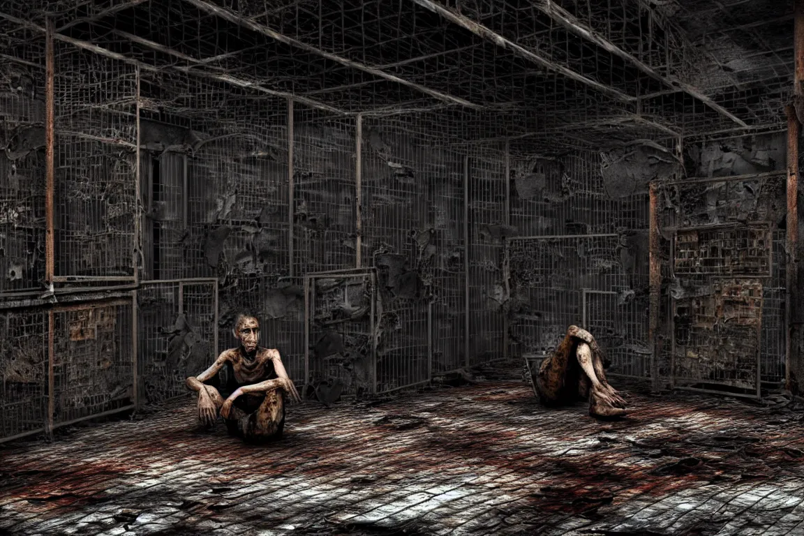 Prompt: Ugly human with long limbs sits on the floor. An underground very dark gloomy multi-layered structure of rusty thick iron grates, dense chain-link fencing and peeling walls. Inside view, collapsed floors, bent rusted iron, masterpiece, black background, corners, cinematic, hyperdetailed, photorealistic, hyperrealism, octane render, 8k, depth of field, bokeh, architecture, shadows, art by Zdzisław Beksiński, Arthur Rackham, Dariusz Zawadzki