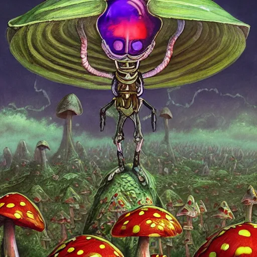 Image similar to 4 k headshot portrait of a psychedelic demonic anthropomorphic insect knight with mushroom themed clothes, magic mushroom village in background by jeff easley, award winning, stylized neon, post - processing, masterpiece, superb resolution. in the art style of junji ito and greg rutkowski. detailed mushroom city in background. hyper realistic anime. perfect art. dalle 2