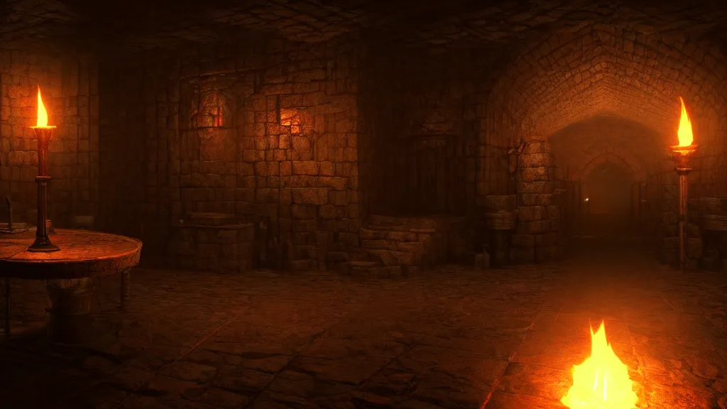 Image similar to delicious torch lit prison dungeon jail cell atmospheric unreal engine hyperreallistic render 8k character concept art masterpiece screenshot from the video game the Elder Scrolls V: Skyrim orange flame global illumination