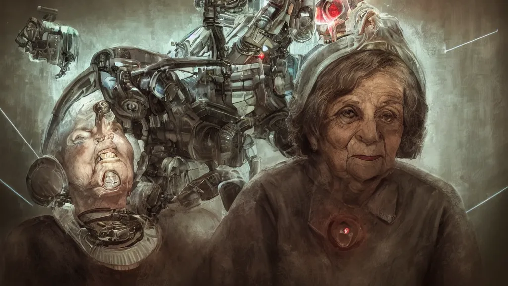 Prompt: my grandma in a nursing home located near a futuristic tank battle, old lady, cybernetic, lasers, dark future, hellscape, digital art, fear, creepy, jeff the killer, trending on artstationhq