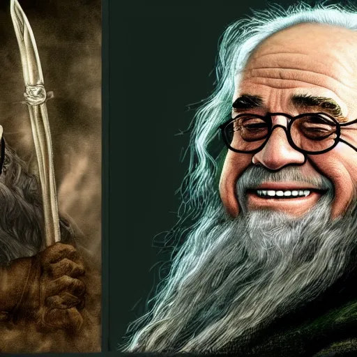 Image similar to danny devito as gandalf, deviantart, smile, ultra realistic illustration, final fantasy, high quality, full color, full body, lotr movies