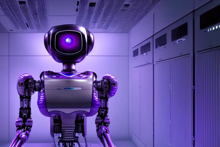 Prompt: hyperrealistic medium shot robot! in data center server highly detailed concept art eric zener elson peter cinematic hard purple lighting high angle hd 8 k sharp shallow depth of field, inspired by david paul cronenberg and zdzisław beksinski