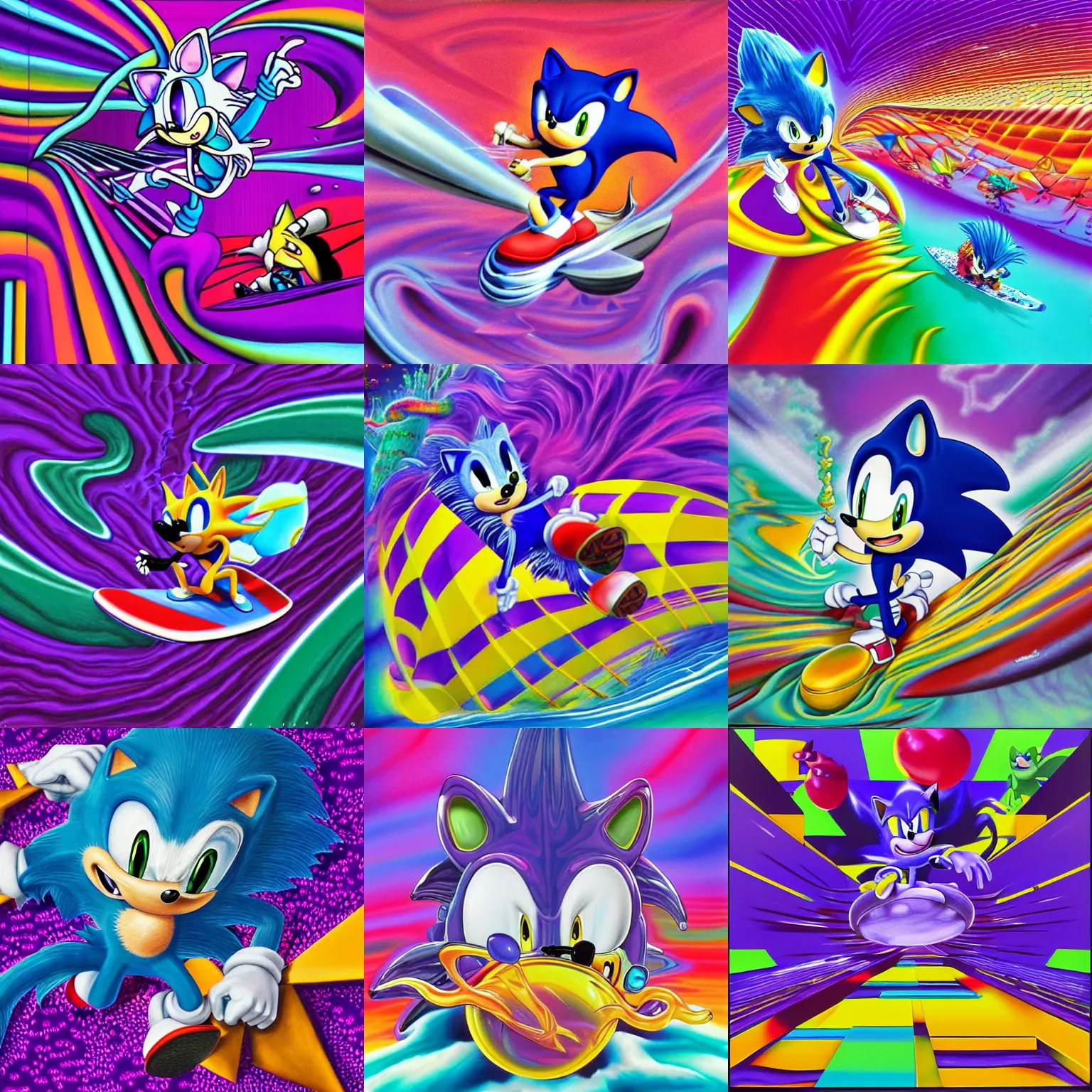 Prompt: surreal, sharp, detailed professional, soft pastels, high quality airbrush art mgmt album cover of a liquid dissolving airbrush art lsd dmt sonic the hedgehog surfing through cyberspace, purple checkerboard background, 1 9 9 0 s 1 9 9 2 sega genesis video game album cover