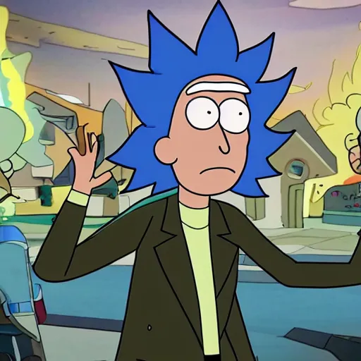 Image similar to rick sanchez, from rick and morty, breaking the simulation