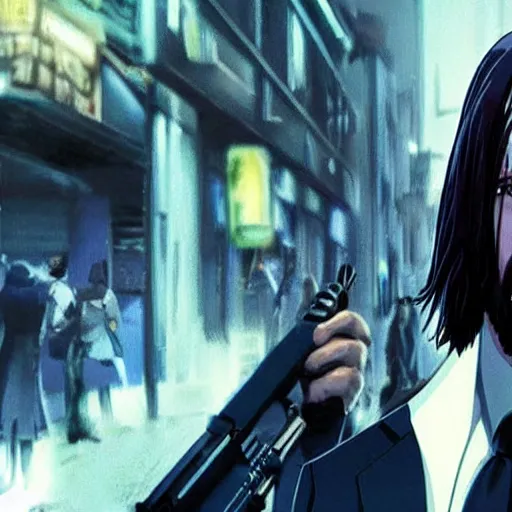 Image similar to John wick is suiciding by shooting his own head but in the anime universe