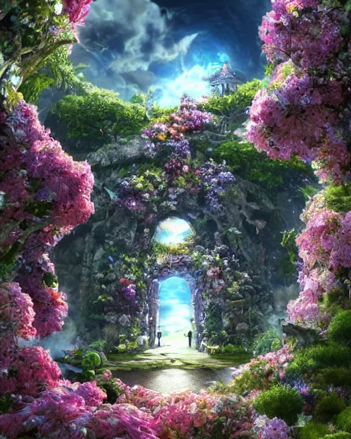 Prompt: portal to paradise, 8 k high definition, very unique, advanced technology, beams of energy, pathway, flowers, machines, insanely detailed, intricate, art by akihiko yoshida, antilous chao, woo kim