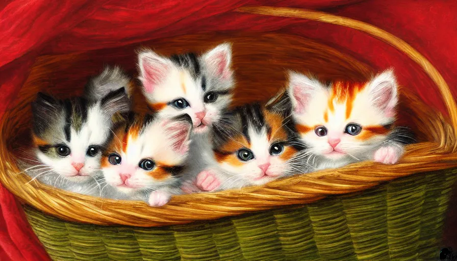 Image similar to highly detailed painting of cute furry calico kittens cuddled up in a basket by william turner, thick brush strokes and visible paint layers, 4 k resolution, red and green colour scheme