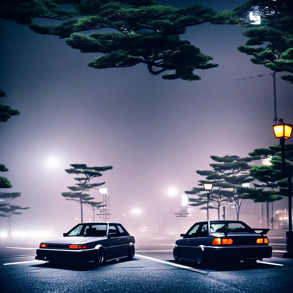 Image similar to car in center JZX100 twin turbo drift on a road, surrounded by trees and buidlings in Tokyo prefecture, rooftops are Japanese architecture, city at sunset heavy mist over streetlights, cinematic lighting, photorealistic, detailed wheels, highly detailed